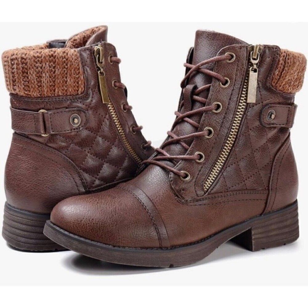 Stq Womens Solid Brown Vegan Combat Boots Quilted Leather 7